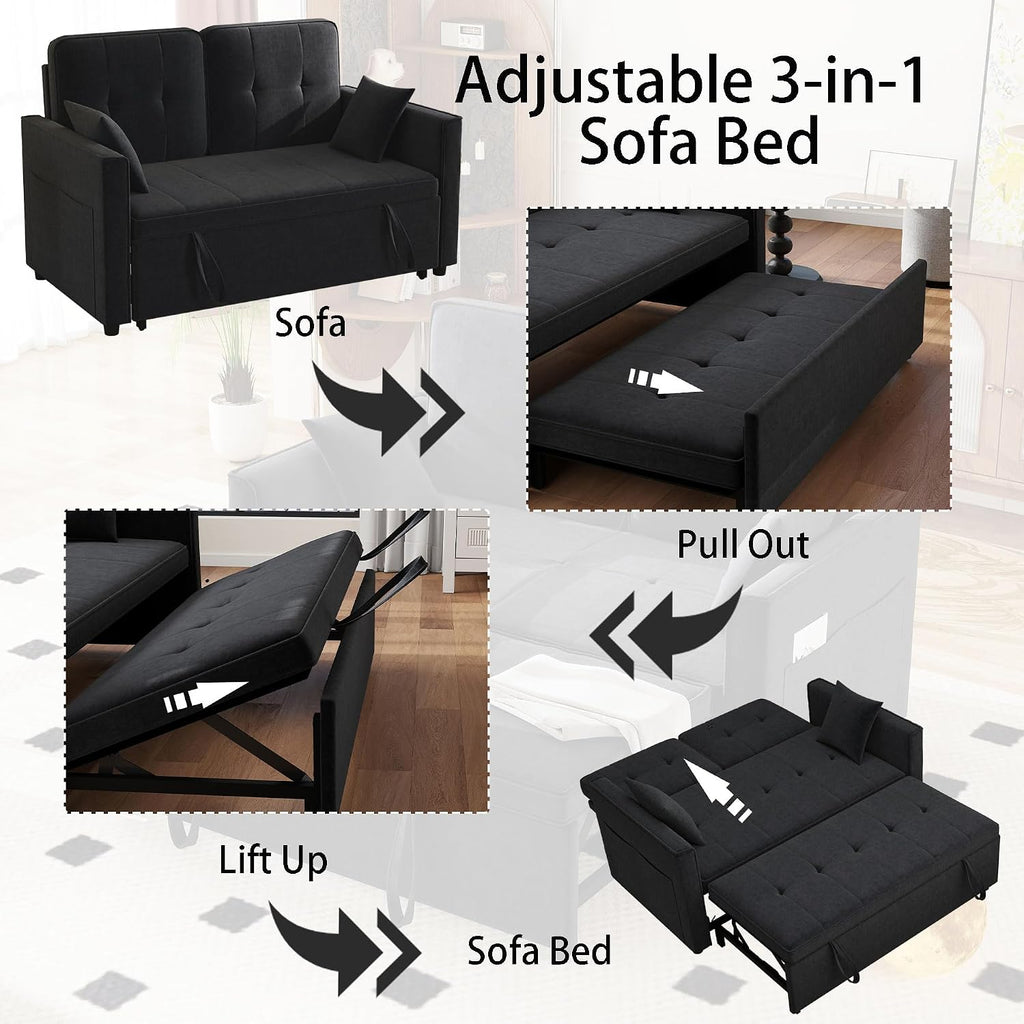 Black Convertible Sofa Bed: 3 in 1 Sleeper Sofa Couch Bed, Pull Out Couch with Adjustable Backrest, Velvet Convertible Loveseat Sleeper, for Living Room