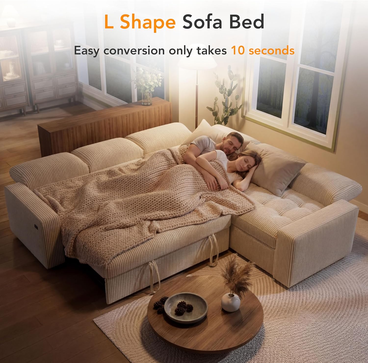 Vipbear Pull Out Sofa Bed Sectional Sleeper Sofa with Reclining Backrest & Storage, Plush Pullout Modular Sectional Couches with USB Charging, L Shaped Convertible Couch Bed for Apartment, Beige | Breathable material, Tool-Free Assembly