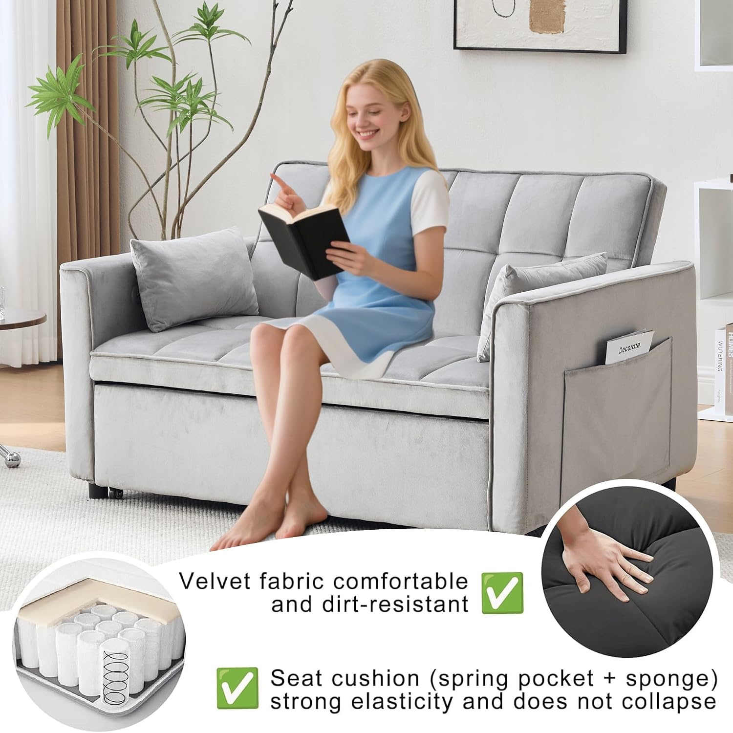 Velvet 3-in-1 Convertible Sofa Bed - USB Charging Port, Adjustable Backrest Loveseat Sleeper for Small Space Apartment, Versatile Futon Pull Out Couch for Living Room,Gray