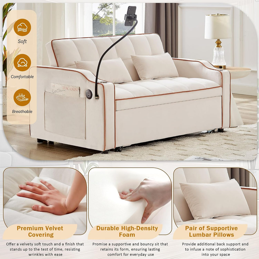 Sleeper Sofa Couch Bed with Phone Holder, Modern 3-in-1 Convertible Velvet Pull Out Loveseat Futon Sofa with USB & Type C Port & Cup Holder for Living Room Bedroom Office