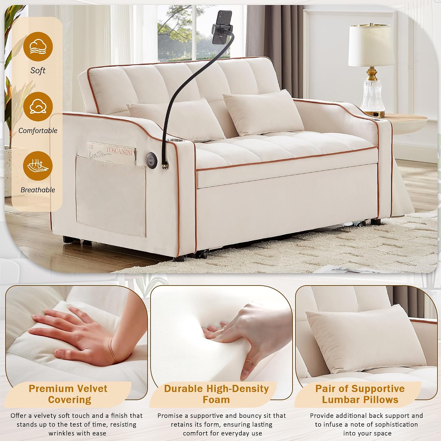 Sleeper Sofa Couch Bed with Phone Holder, Modern 3-in-1 Convertible Velvet Pull Out Loveseat Futon Sofa with USB & Type C Port & Cup Holder for Living Room Bedroom Office