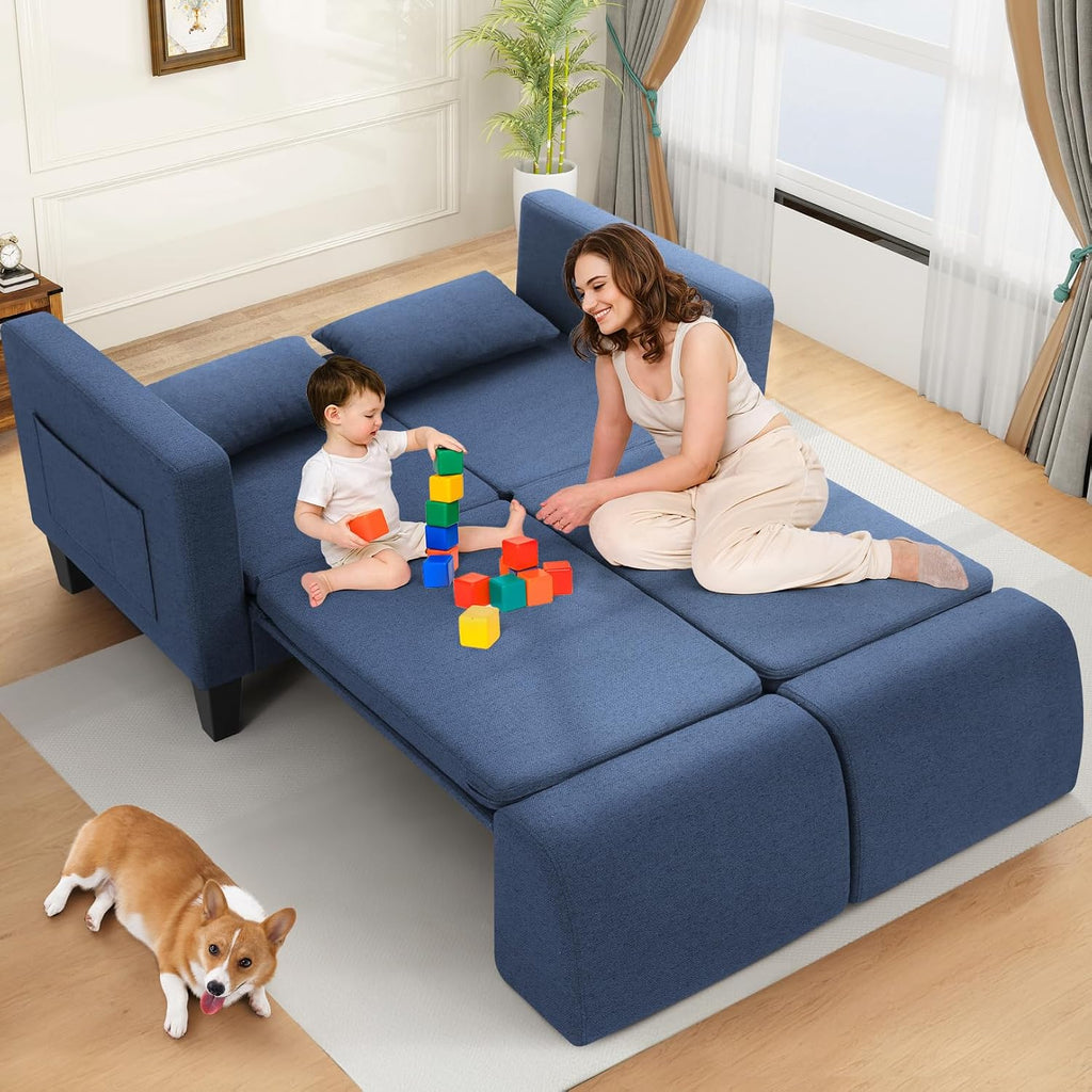 SEJOV 6-in-1 Convertible Sofa Bed, 58' Loveseat Sleeper Sofas with Pull Out Couch Bed, Removable Backrest, Storage Pockets and 2 Pillows, Modern Folding Linen Futon Couch for Small Spaces, Blue