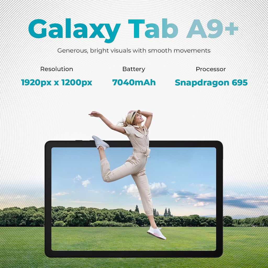Samsung 2024 Galaxy Tab A9+ 11' 128GB 5G | Android 13 WiFi Touchscreen International | Big Screen, Quad Speakers, Slim | Tablet Bundle - Hard Back Trifold Stand Case + 64GB SD Card (Grey) | MdTec