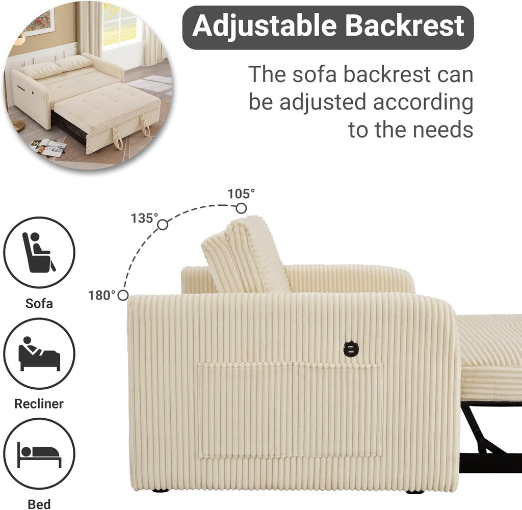 55.5' Corduroy Convertible Sofa Bed, Pull Out Sleeper Sofa Bed, Loveseat Couch with USB Charging Ports, 3 in 1 Convertible Sleeper Sofa Bed for Living Room, Apartment, Bedroom, RV, Beige