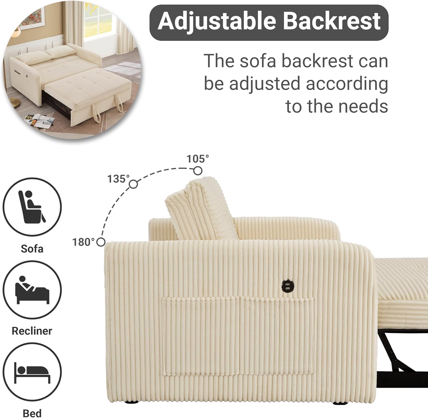 55.5' Corduroy Convertible Sofa Bed, Pull Out Sleeper Sofa Bed, Loveseat Couch with USB Charging Ports, 3 in 1 Convertible Sleeper Sofa Bed for Living Room, Apartment, Bedroom, RV, Beige