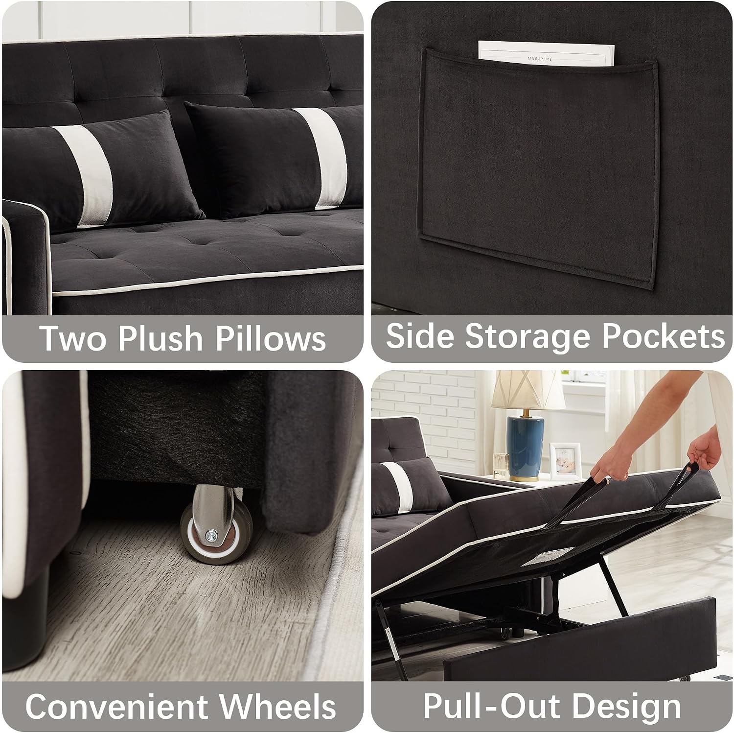 Convertible Velvet Sofa Bed with Pull-Out Bed & Side Storage Pockets, Modern Sleeper Sofa for Living Room, Apartment, Small Spaces, and Bedroom (7705-Black)