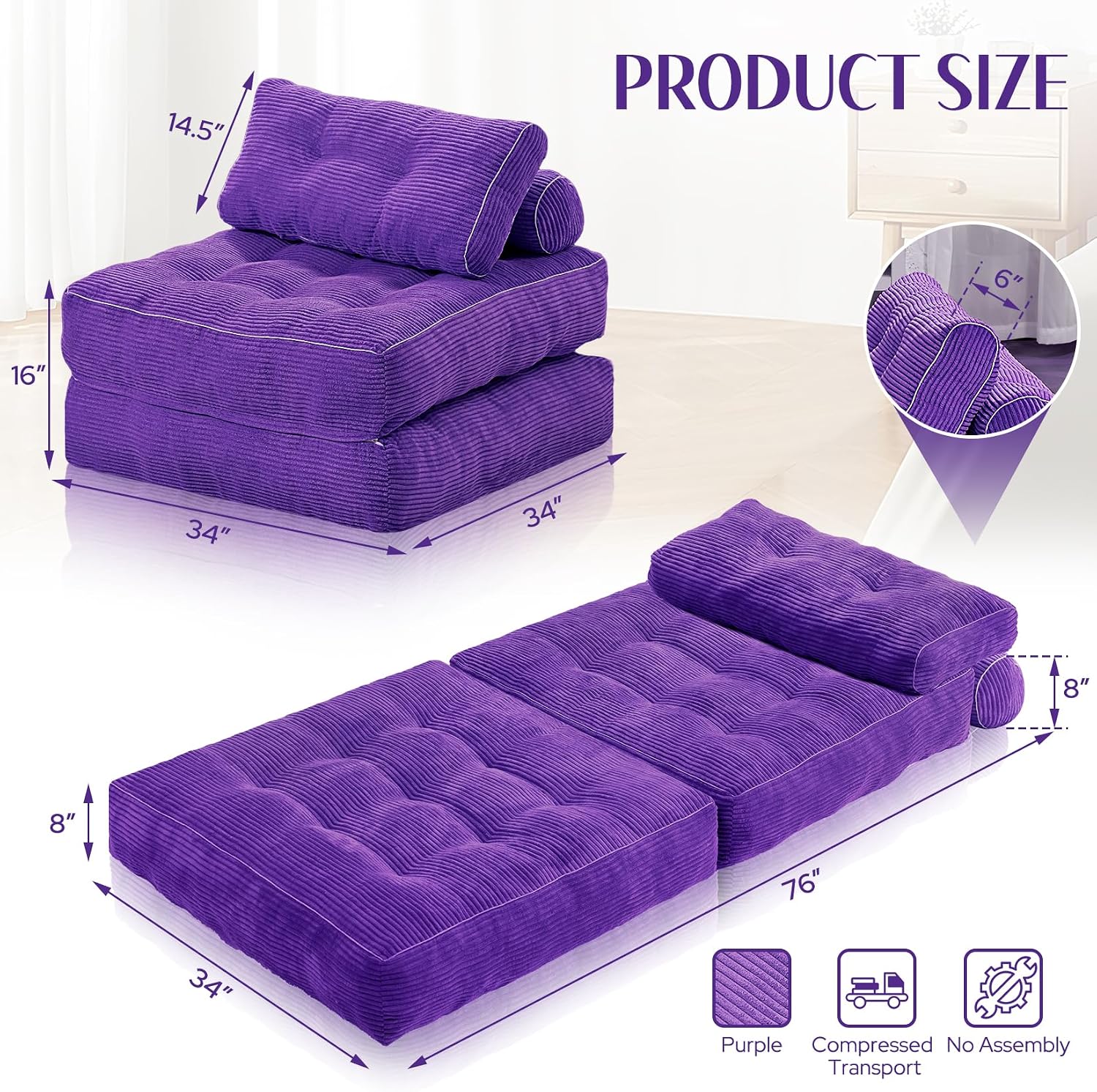 HABUTWAY Folding Sofa Bed, Convertible Sleeper Chair Bed w/Dual-Pillow & Handle, Foldable Floor Sofa Lounge w/Back Support for Living Room, Bedroom, Apartment, Office, Single, Purple