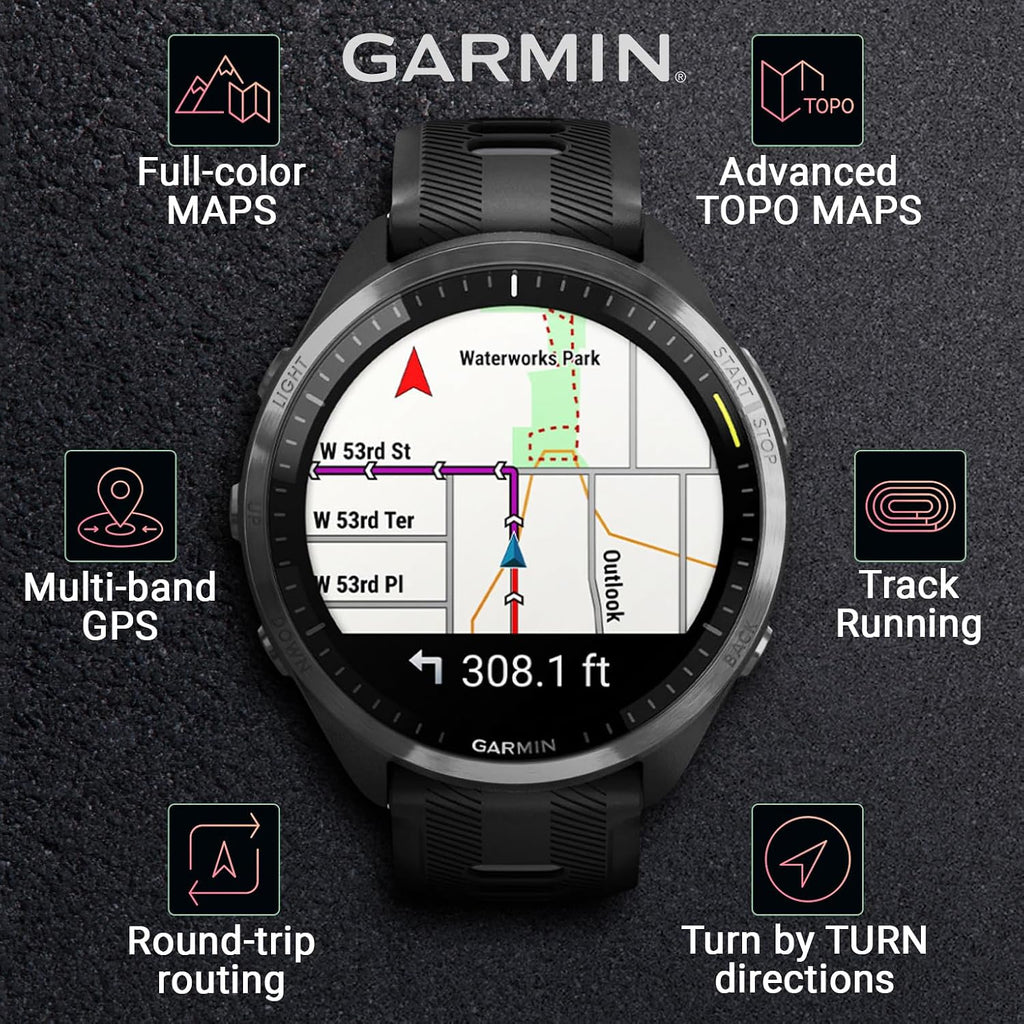 Garmin Forerunner 965 Premium GPS Running and Triathlon 47mm Smartwatch with AMOLED Touchscreen Display, Carbon Gray DLC Titanium Bezel with Black Silicone Band with White Earbuds