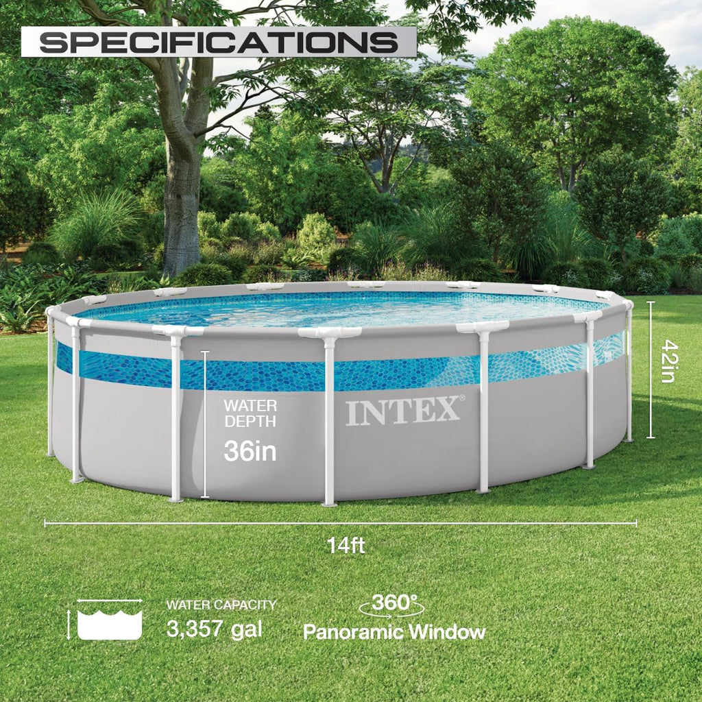 INTEX 26721EH 14ft x 42in Prism Frame Clearview Premium Above Ground Pool Set: Includes 1000 GPH Krystal Clear Cartridge Filter Pump – 3357 Gallon Capacity – Age Grade 6+