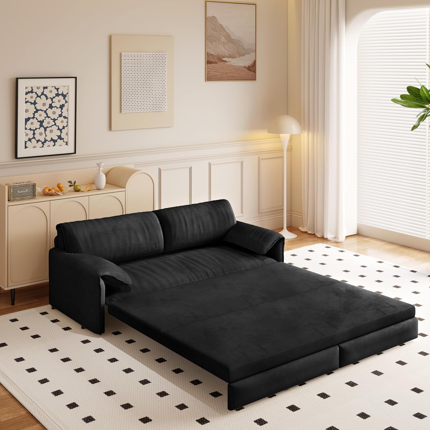 66' Sleeper Sofa Bed Queen Size, 3-in-1 Convertible Couch, Modern Pull Out Couches, Comfy Velvet Futon Sofa, Cloud Loveseat Lounge, Pillow Arm, for Small Spaces, Living Room, Apartment, Black