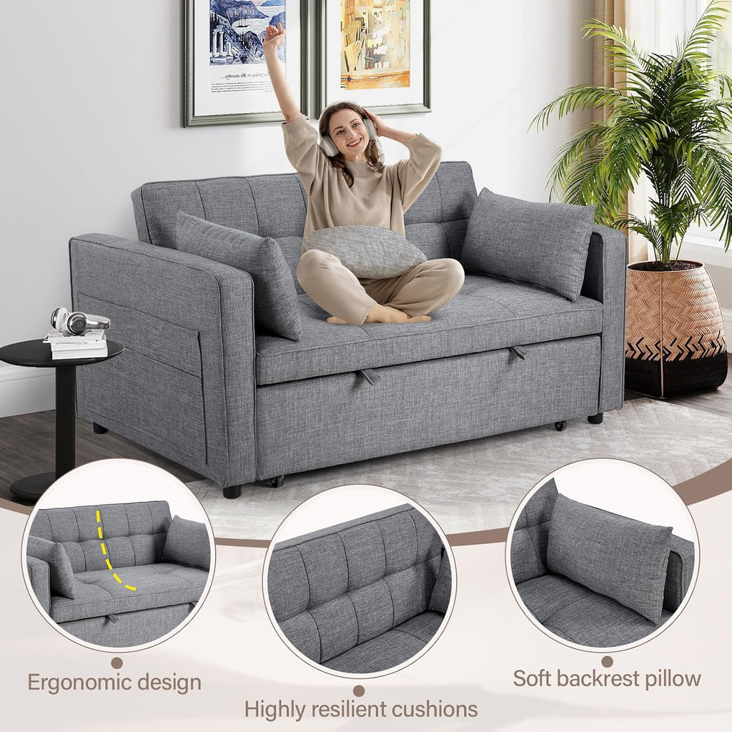 HAOMARKETS 3 in 1 Convertible Sleeper Sofa Bed, Loveseat Chaise Lounge with Pullout Bed, 2-Seater Futon Couches with Storage Pockets, 3-Level Adjustable Backrest and Pillows for Living Room, Grey