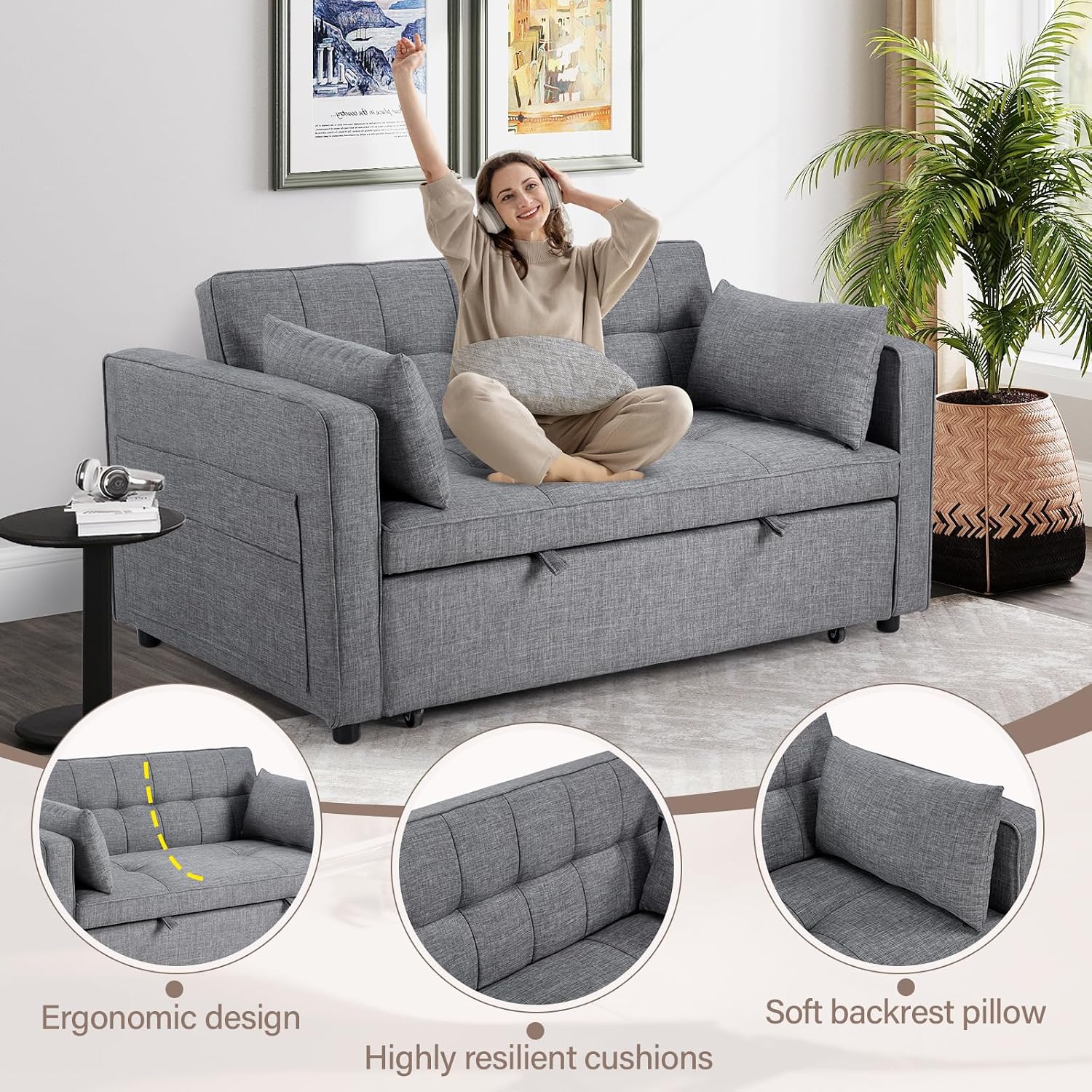 HAOMARKETS 3 in 1 Convertible Sleeper Sofa Bed, Loveseat Chaise Lounge with Pullout Bed, 2-Seater Futon Couches with Storage Pockets, 3-Level Adjustable Backrest and Pillows for Living Room, Grey