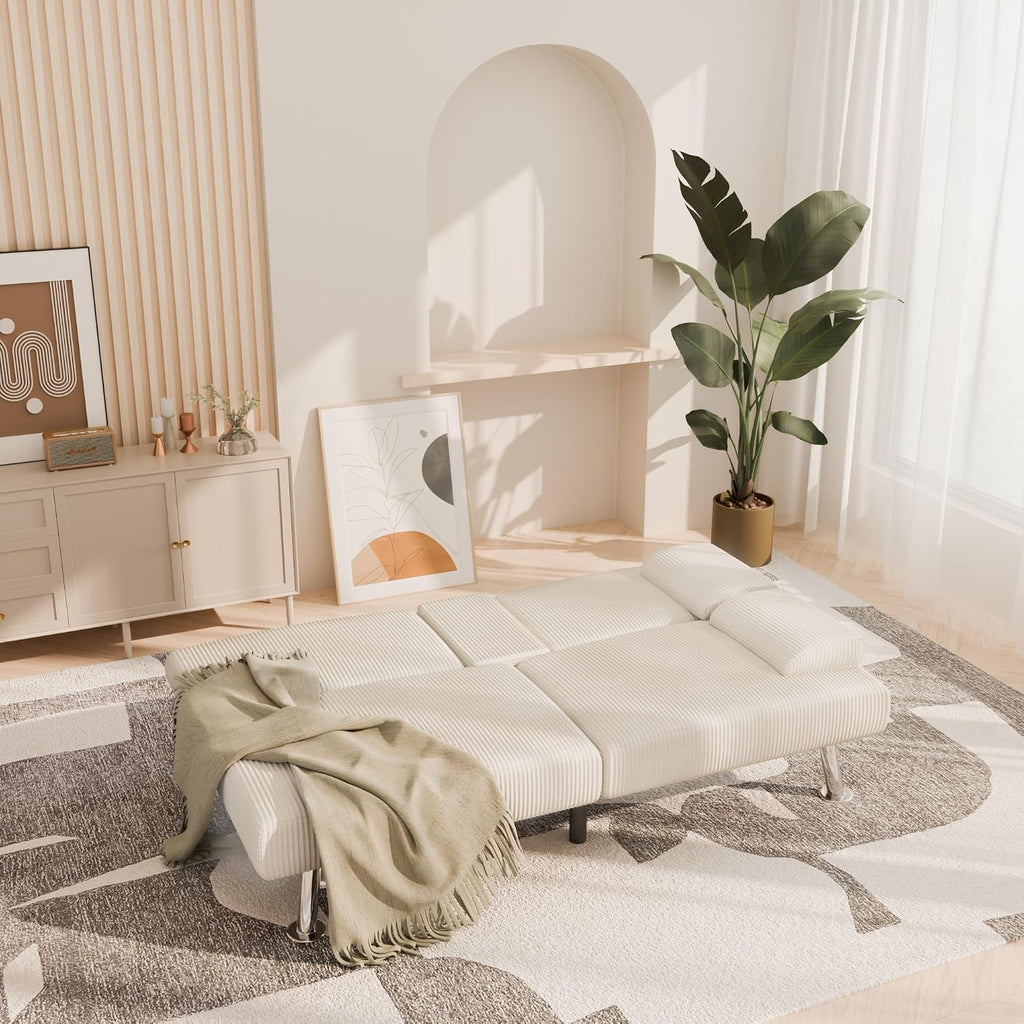 YESHOMY Futon Sofa Bed, Futon Couch with Adjustable Backrest, Convertible Sleeper Sofa with Removable Armrests, Loveseat in Corduroy with 2 Cup Holders for Living Room, Apartment (Beige)