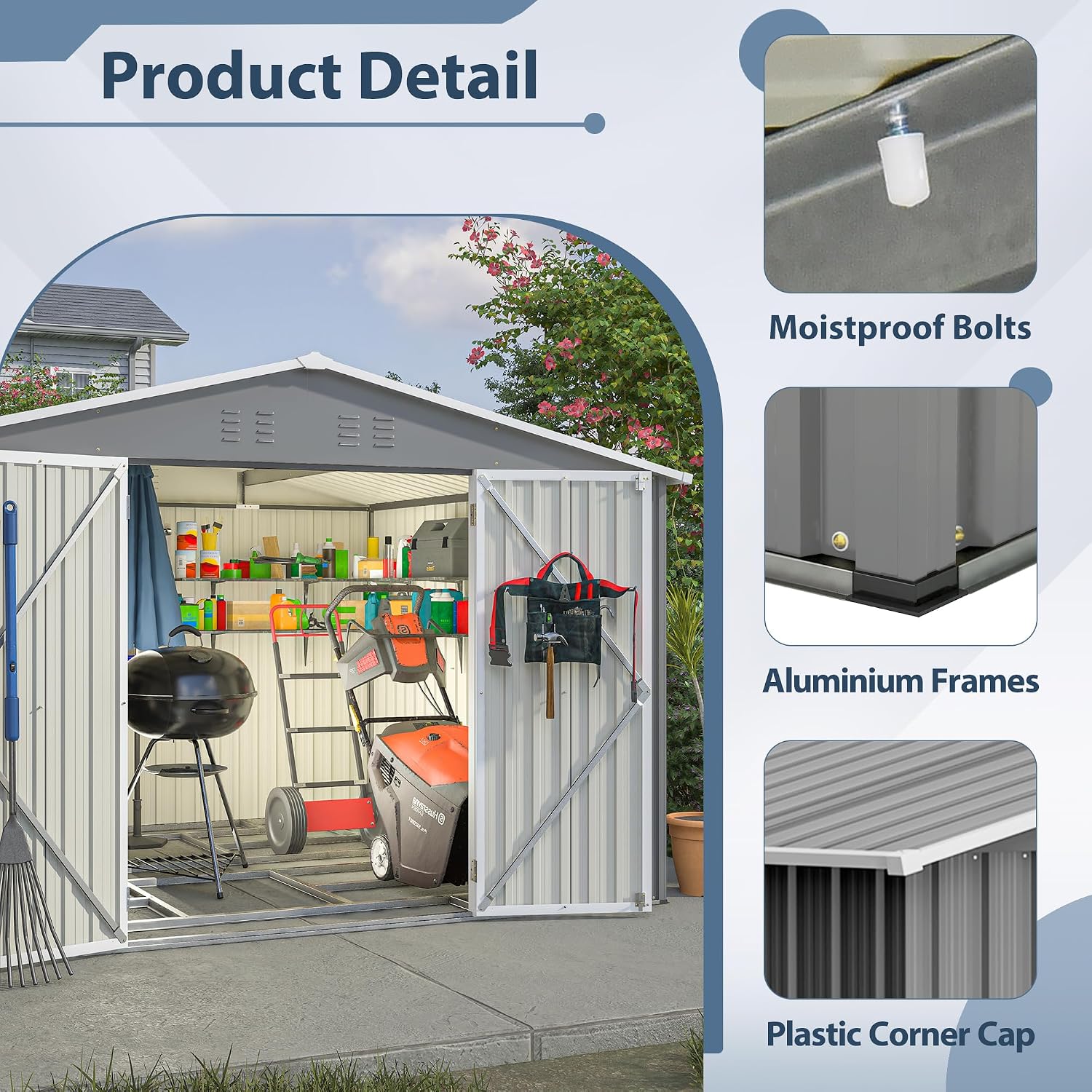 10x8 FT Outdoor Storage Shed with Lockable Double Doors, Aluminum Frame, Weatherproof with Frame Floor, Metal Tool Shed for Garden, Backyard, Patio, and Equipment Storage