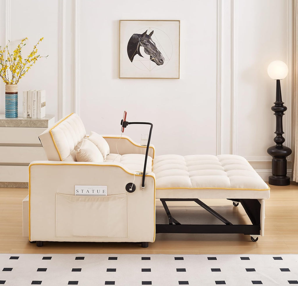 Convertible Sofa Bed, 3 in 1 Futon Sofa Bed with USB Charging Ports, Cup Holder, Phone Stand & Pocket, Modern Upholstered Sleeper Sofa for Living Room, Apartment or Small Space (Beige-L)