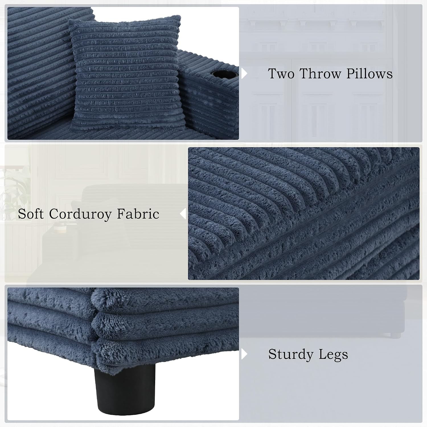 86.5' Oversized Double Chaise Lounge Indoor Corduroy Upholstered Sofa Bed , Deep Seat Lounger Loveseat Recliner Daybed with Dual USB Ports , Two Cup Holders and Throw Pillows for Living Room Bedroom