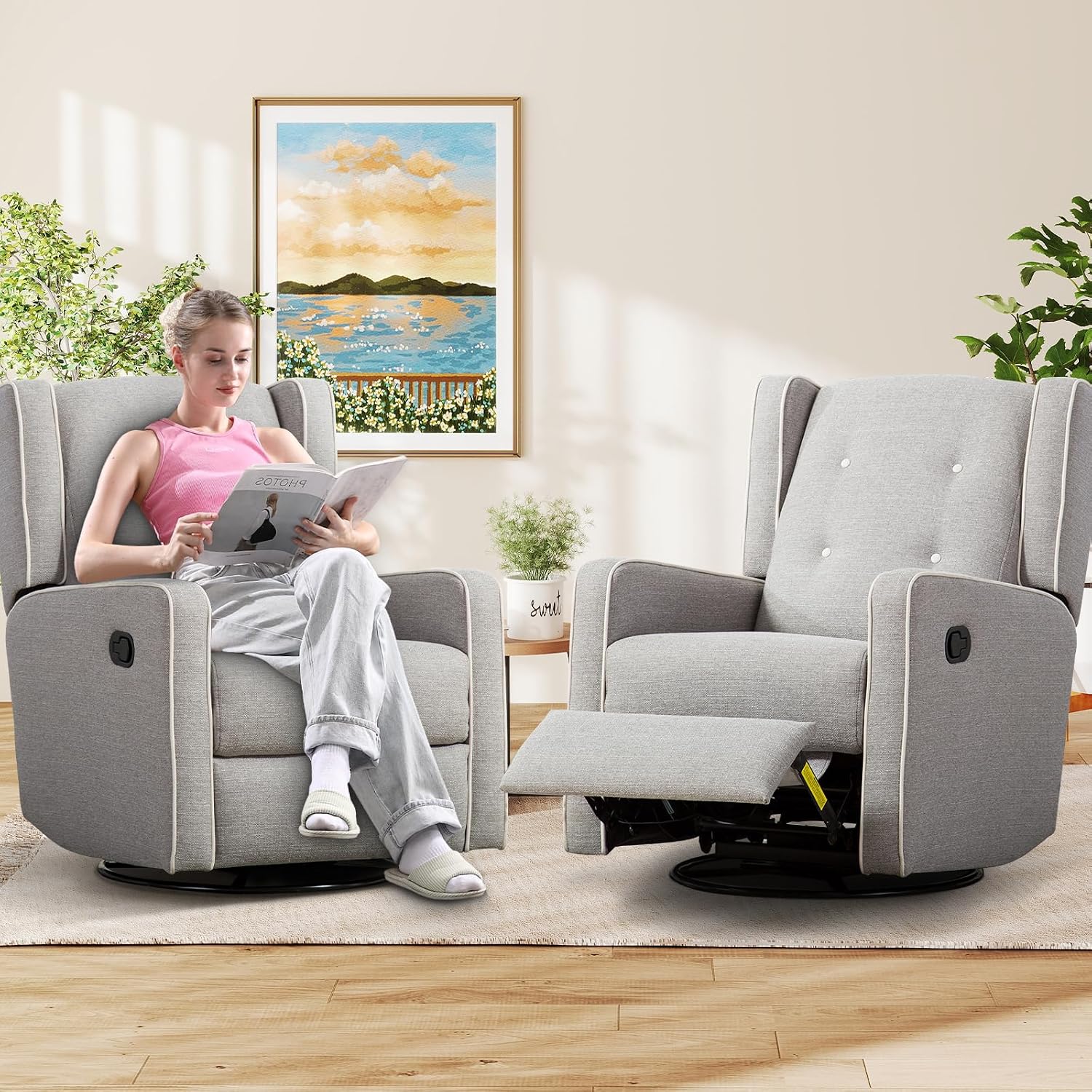 CANMOV Swivel Rocker Recliner Chair Set of 2, Nursery Glider Chair, Nursery Rocking Chairs, Manual Reclining Chair, Grey