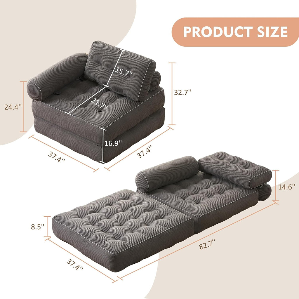 Afuson Plus Futon Sofa Bed for Small Spaces, Floor Couch with Armrest, Folding Sofa Couch, Convertible Sleeper Chair Bed with Pillow, Portable Comfy Floor Lounge for Living Room and Bedroom, Grey