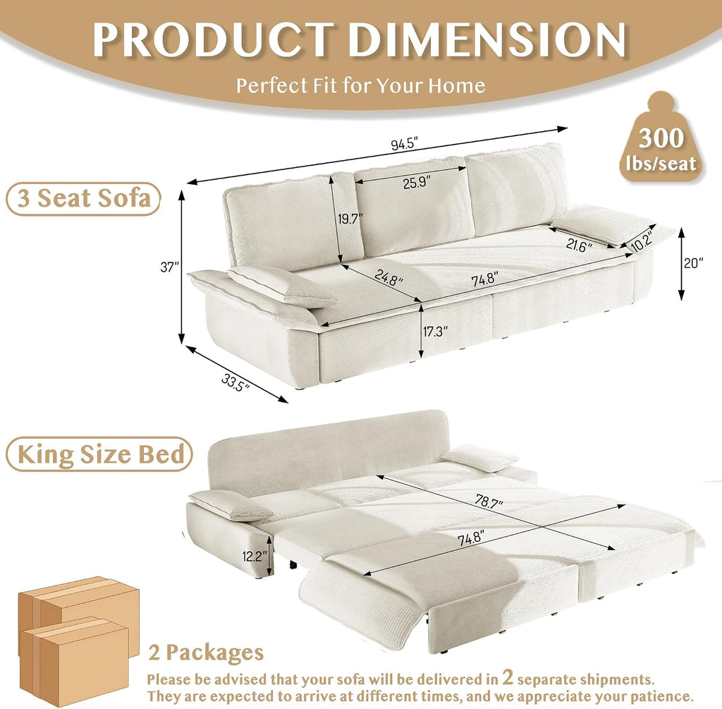 94.5'' Sleeper Sofa Bed King Size, Modern Corduroy Pull Out Couch, 3-in-1 Convertible Futon Sofa, 3 Seater Couches, Cloud Recliner, Pillow Arm, for Living Room, Apartment, Offices, Beige