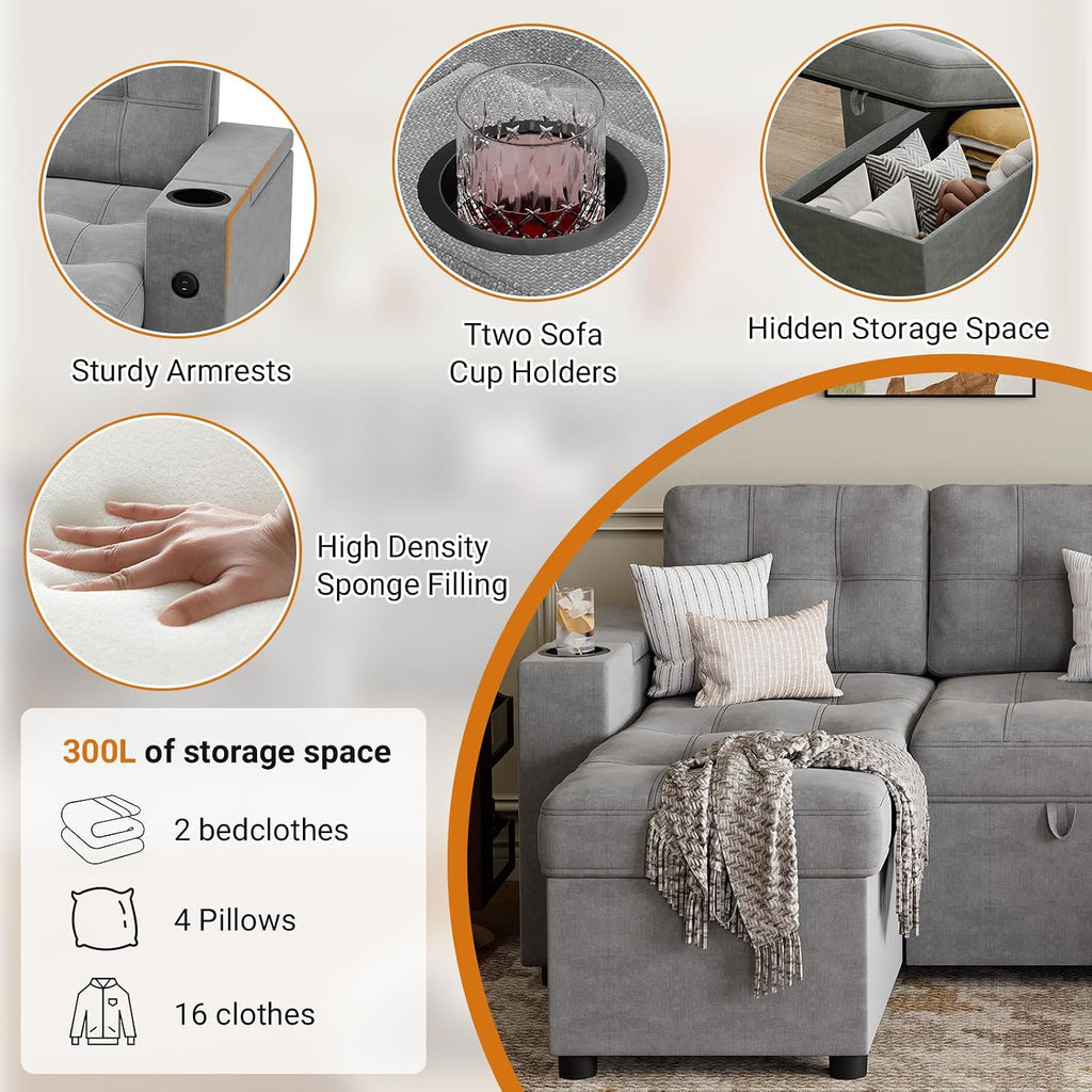 IDEALHOUSE U-Shaped Couches for Living Room, Sofa Bed for Living Room with Reversible Storage Chaises and Hidden Storage Armrests, Cup Holders and USB Charging Ports Included, Light Grey