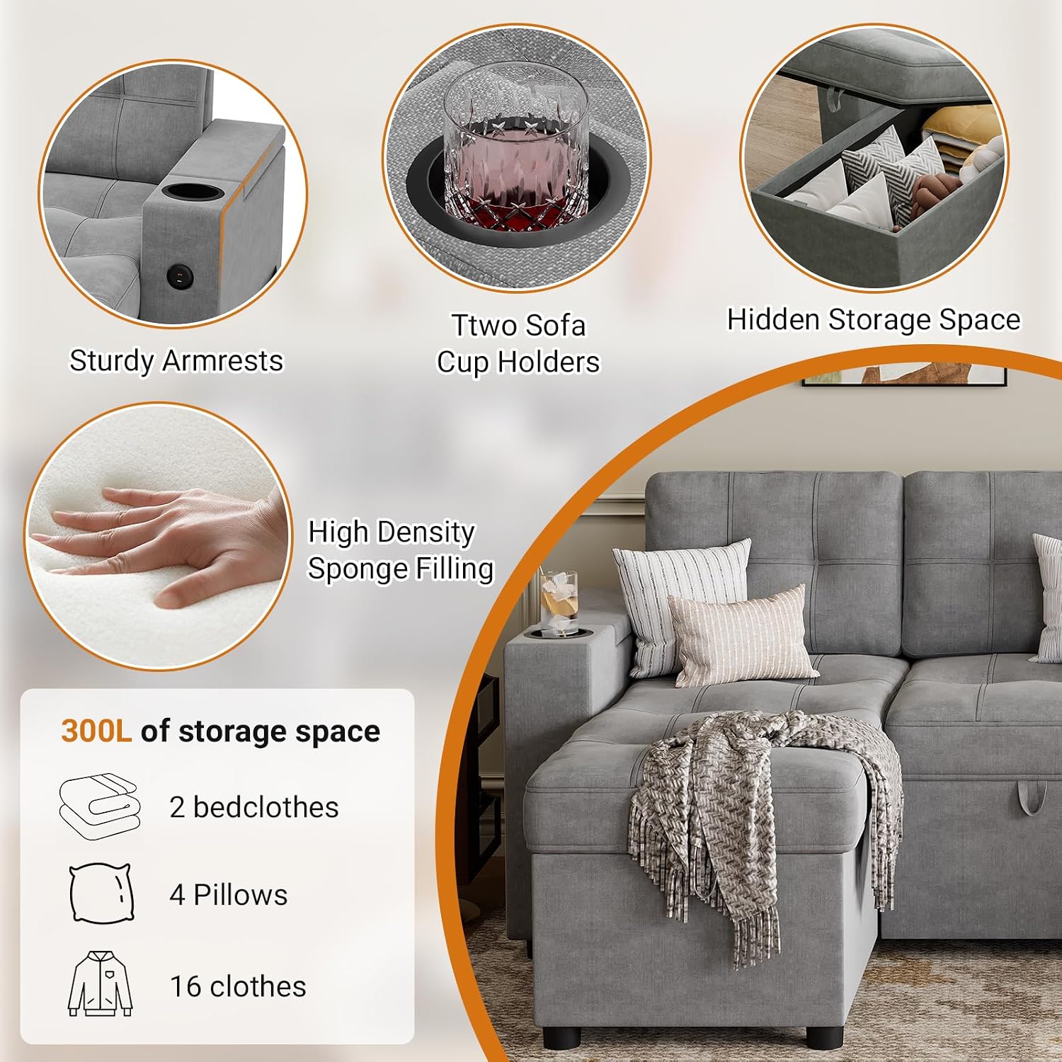 IDEALHOUSE U-Shaped Couches for Living Room, Sofa Bed for Living Room with Reversible Storage Chaises and Hidden Storage Armrests, Cup Holders and USB Charging Ports Included, Light Grey
