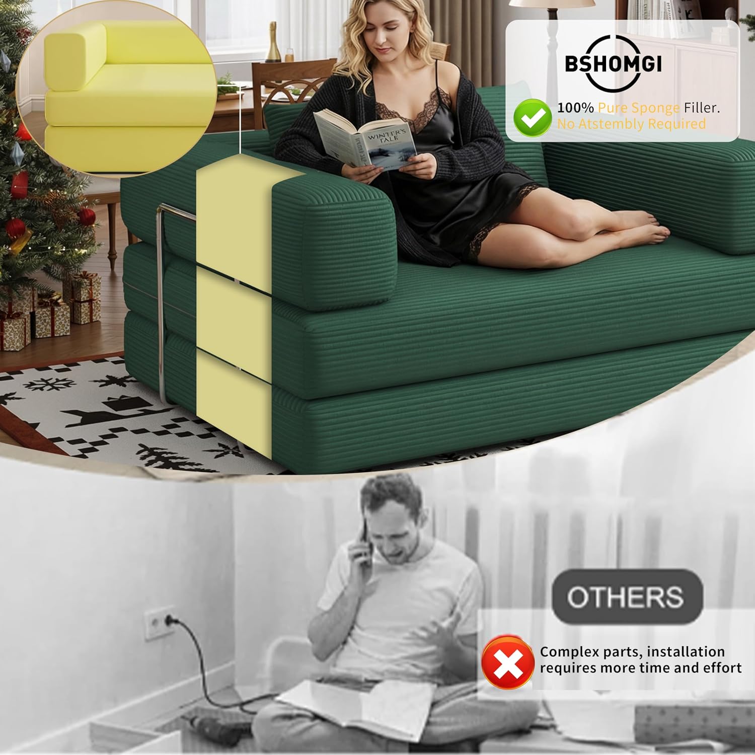 BSHOMGI Folding Sofa Bed Convertible Corduroy Couch Queen Size Floor Sleeper 4-in-1 DIY Combination Modular Lazy Sofas Fold Futon Lounge for Living Room (Green, 53.15' Double Sofa)