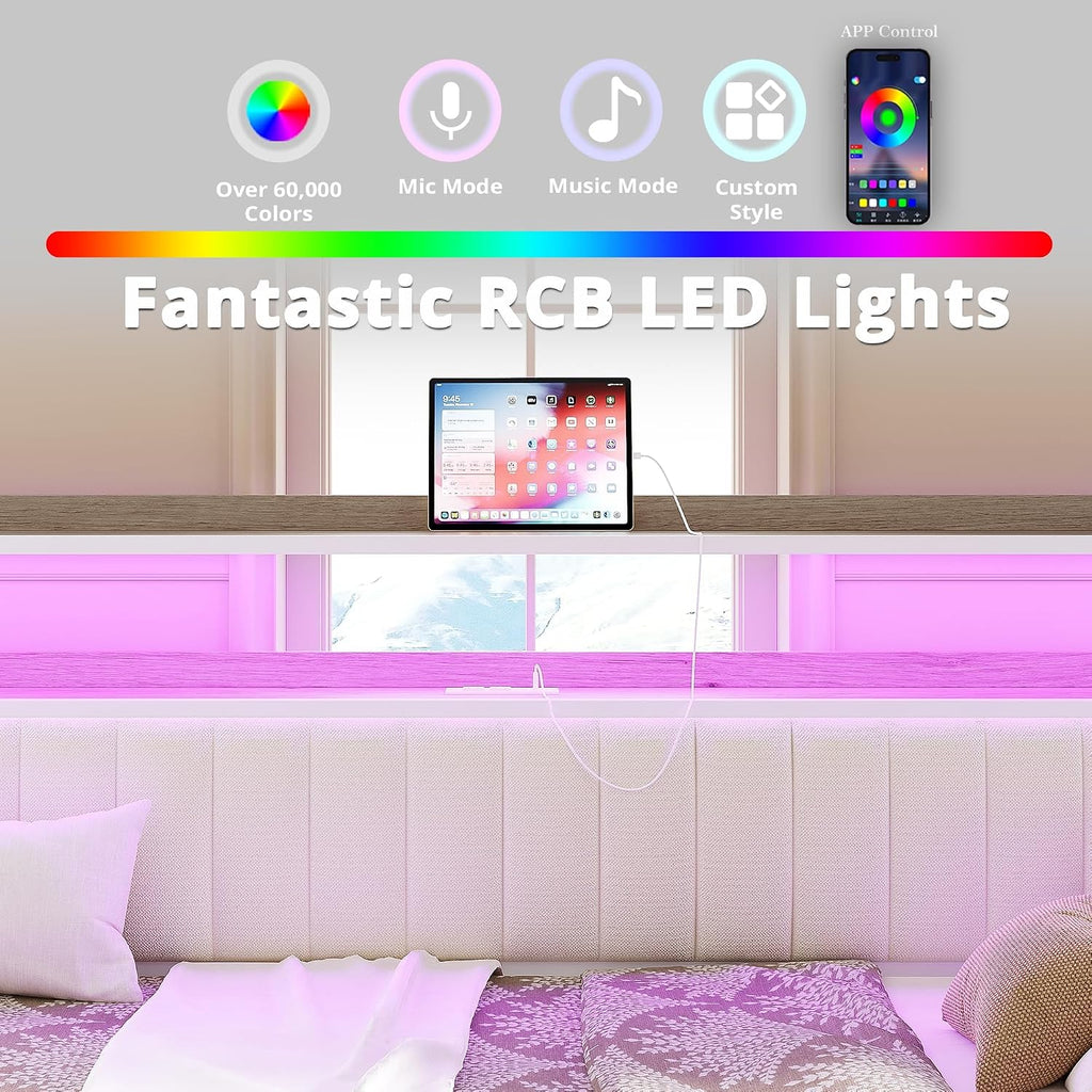ANCTOR Daybed with Trundle, LED Lights and Charging Station, Full Size Daybed with 2-Tier Storage Shelves and Upholstered Headboard, Metal Sofa Bed Frame for Living Room, Bedroom, White