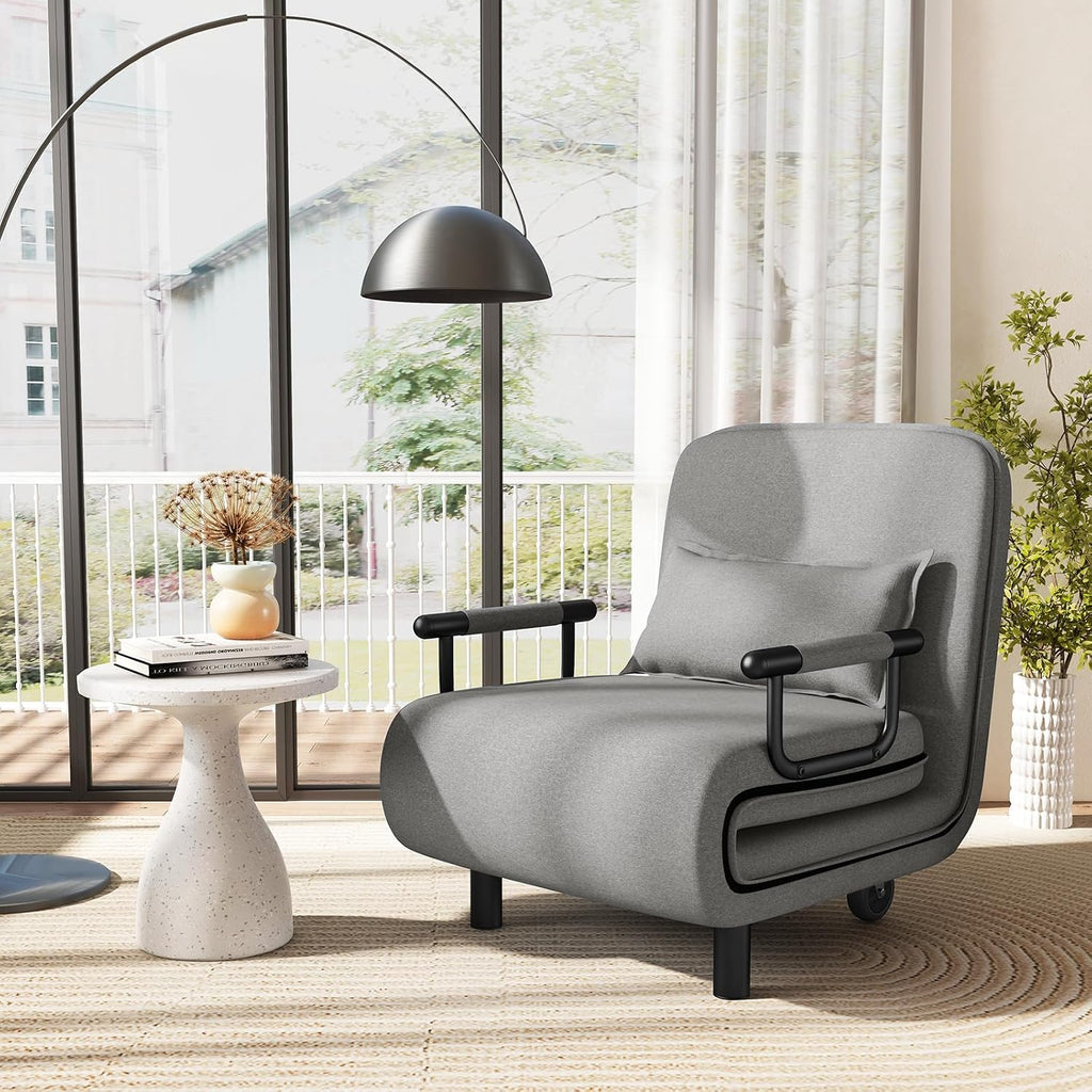 Giantex Convertible Sofa Bed, 3-in-1 Folding Sleeper Chair with 5-Position Adjustable Backrest, Wheels, 2 Legs, Recliner Chaise Lounge with Pillow, Armchairs for Nursery Living Room (Light Gray)