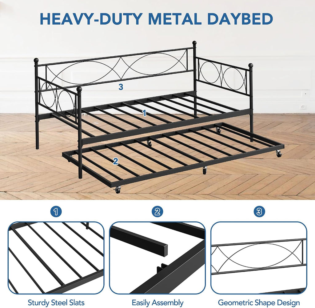 IDEALHOUSE Twin daybed with Trundle, Metal Twin Daybed and Trundle Set, Day Bed Sofa Bed Frame with Steel Slat Support, Multifunctional Daybed Frame for Bedroom (Modern - Black)