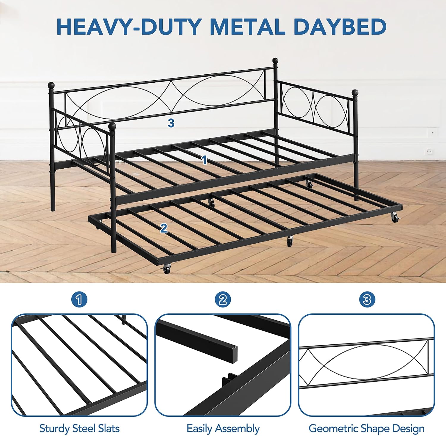 IDEALHOUSE Twin daybed with Trundle, Metal Twin Daybed and Trundle Set, Day Bed Sofa Bed Frame with Steel Slat Support, Multifunctional Daybed Frame for Bedroom (Modern - Black)
