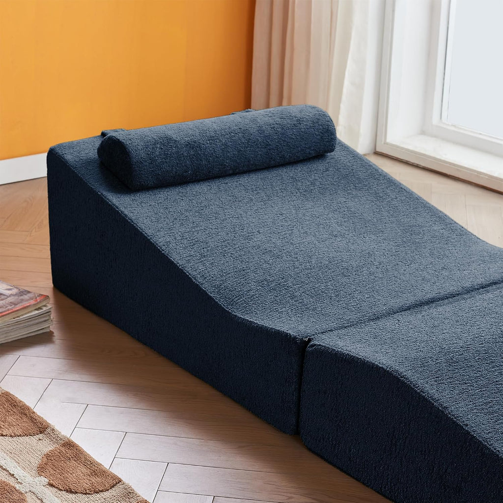 GDFStudio Rue Velvet Foldable Sofa Bed, Convertible Sleeper Chair with Pillow, Foldable Mattress with Back Support, Portable Lounge Sofa for Living Room/Bedroom, No Assembly Needed, Midnight Blue