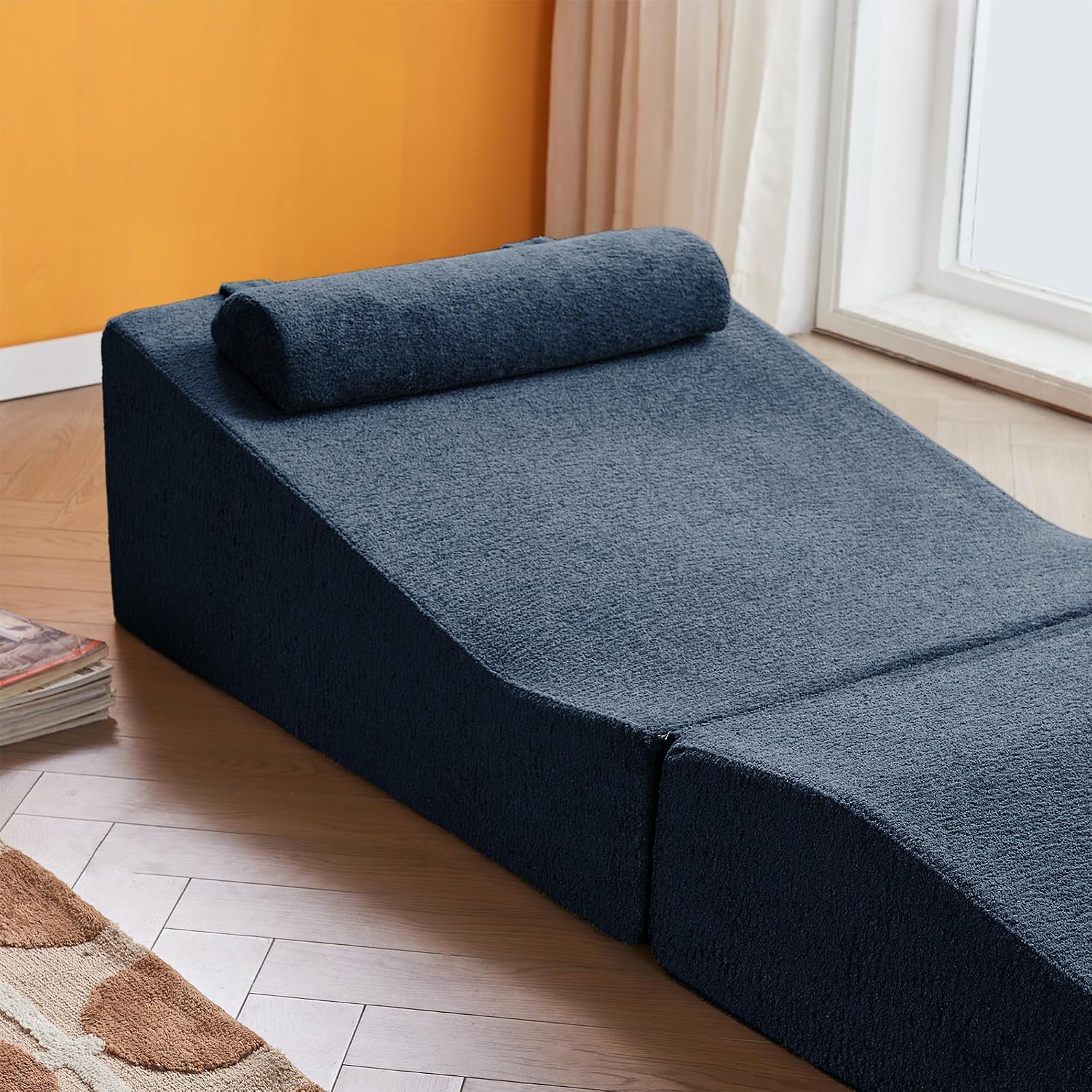 GDFStudio Rue Velvet Foldable Sofa Bed, Convertible Sleeper Chair with Pillow, Foldable Mattress with Back Support, Portable Lounge Sofa for Living Room/Bedroom, No Assembly Needed, Midnight Blue