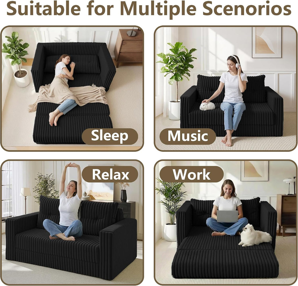 HABUTWAY Folding Sofa Bed, 2 in 1 Convertible Sleeper Chair with Pillow, Portable Fold Out Chair Bed with Armrest, Comfy Floor Couch, Lazy Sofa for Living Room Bedroom Dorm Home Office, Black