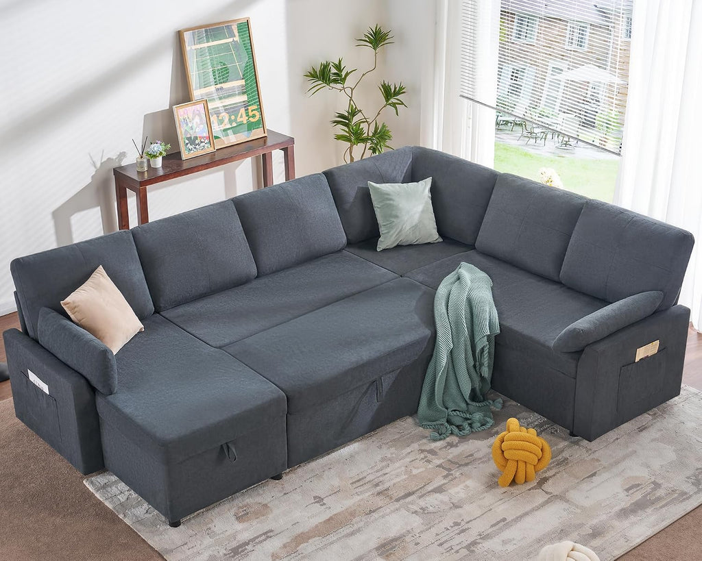 PaPaJet Sofa Bed, 112 Inch Sleeper Sofa, Oversized U Shaped Couch with Storage Chaise, Pull Out Couch for Living Room, Chenille Gray