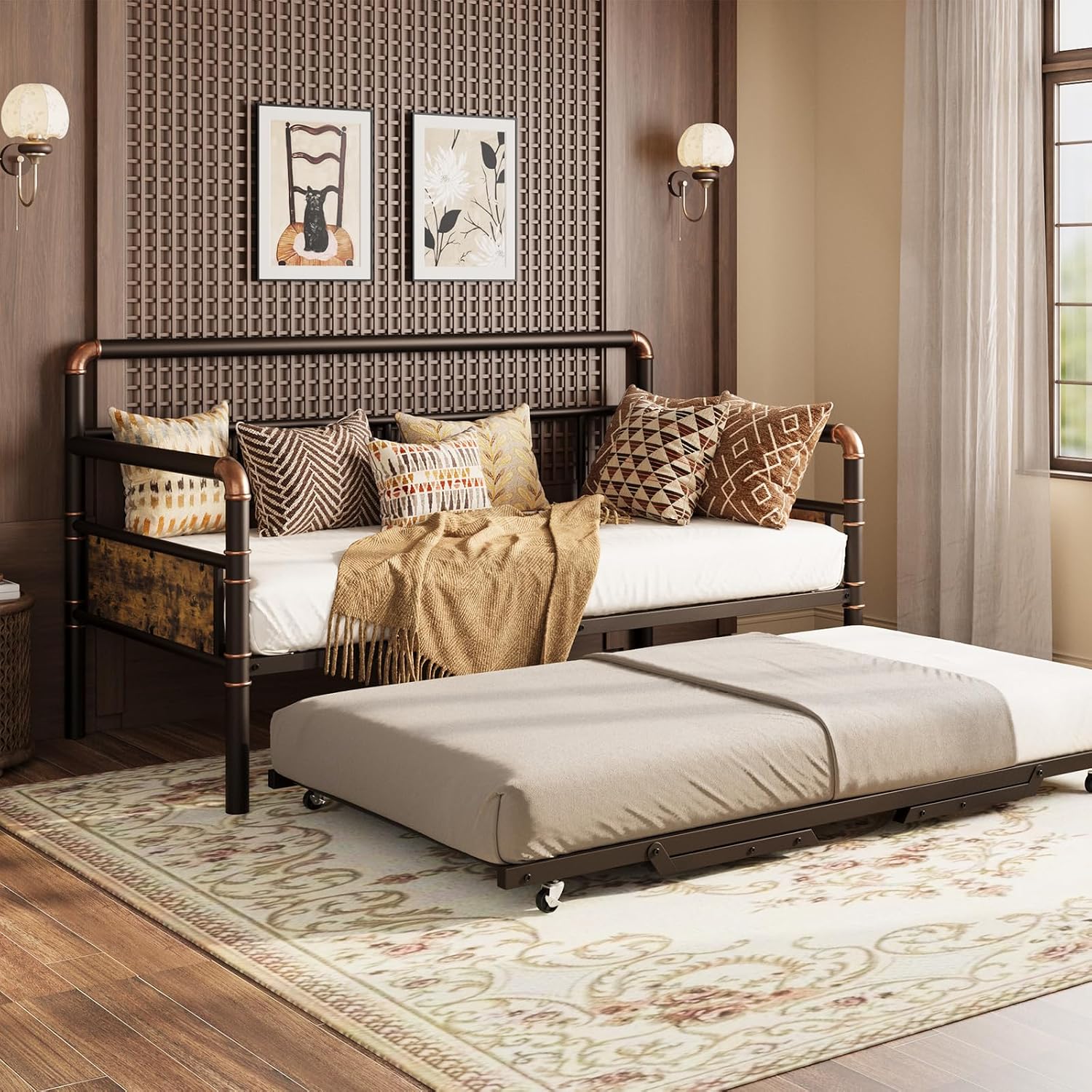 GarveeHome Daybed with Trundle, Twin Daybed with Pop Up Trundle Set, Metal Twin Bed Frame with Steel Slat Support, Sofa BedFrame for Kids/Teens/Adults, Easy Assembly, Brown
