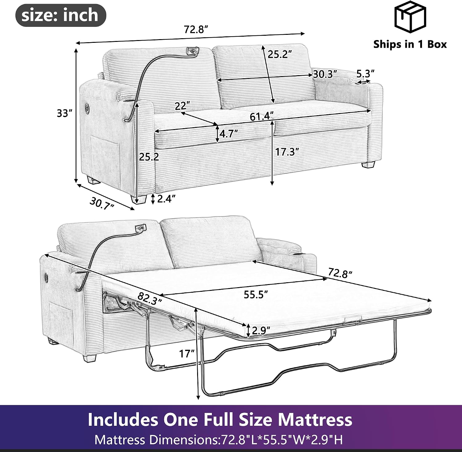Merax Pull-Out Sleeper Sofa Bed with Full Size Mattress and Two Side Pockets, 3 in 1 Foton Couch with USB Ports | Phone & Cup Holders, Corduroy Loveseat for Living Room, Beige