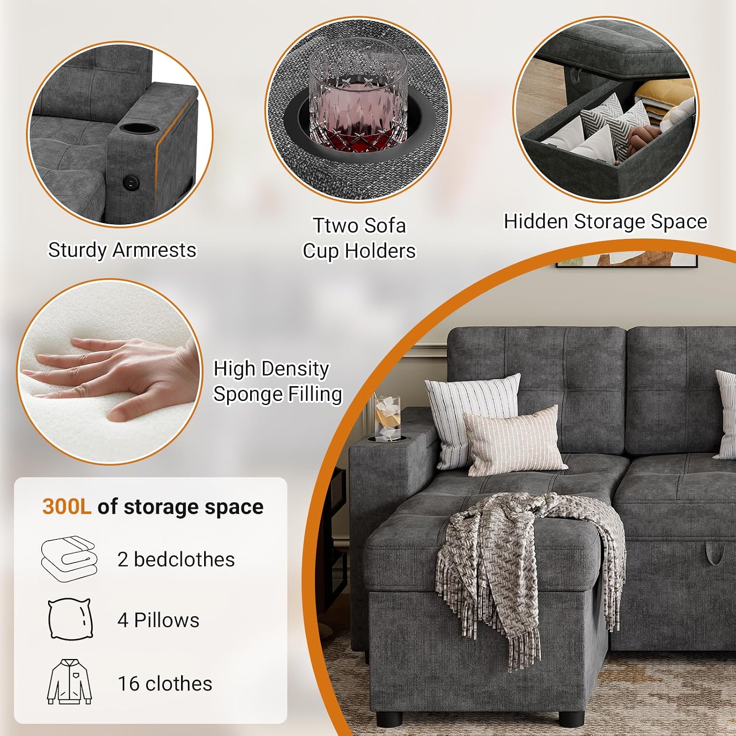 IDEALHOUSE U-Shaped Couches for Living Room, Sofa Bed for Living Room with Reversible Storage Chaises and Hidden Storage Armrests, Cup Holders and USB Charging Ports Included, Dark Grey