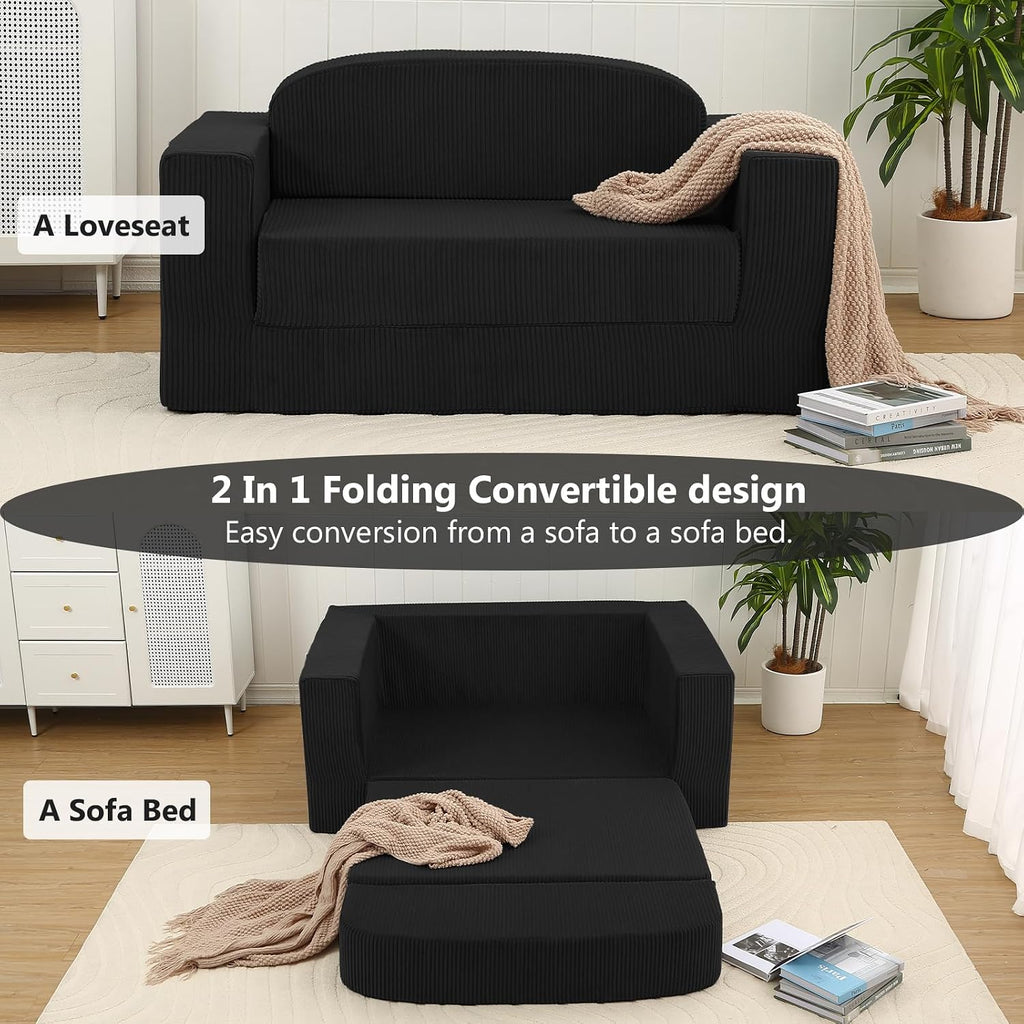 MeMoreCool Convertible Sofa Bed, Pull Out Loveseat Sleeper Sofa, Small Boneless Cloud Couch Bed for Adults, Fold Out Foam Love Seat Black, Corduroy Folding Floor Couch for Bedroom