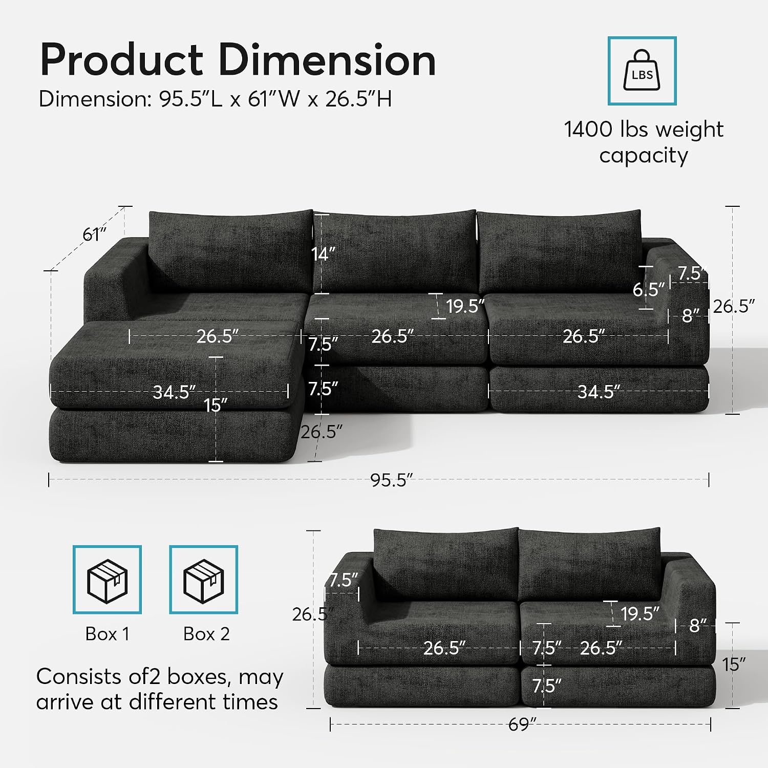 Chenille Convertible Futon Sofa Bed – Folding Iron Frame Sleeper Couch with Adjustable Backrest, Loveseat Recliner for Living Room, Apartment,(Dark Gray)