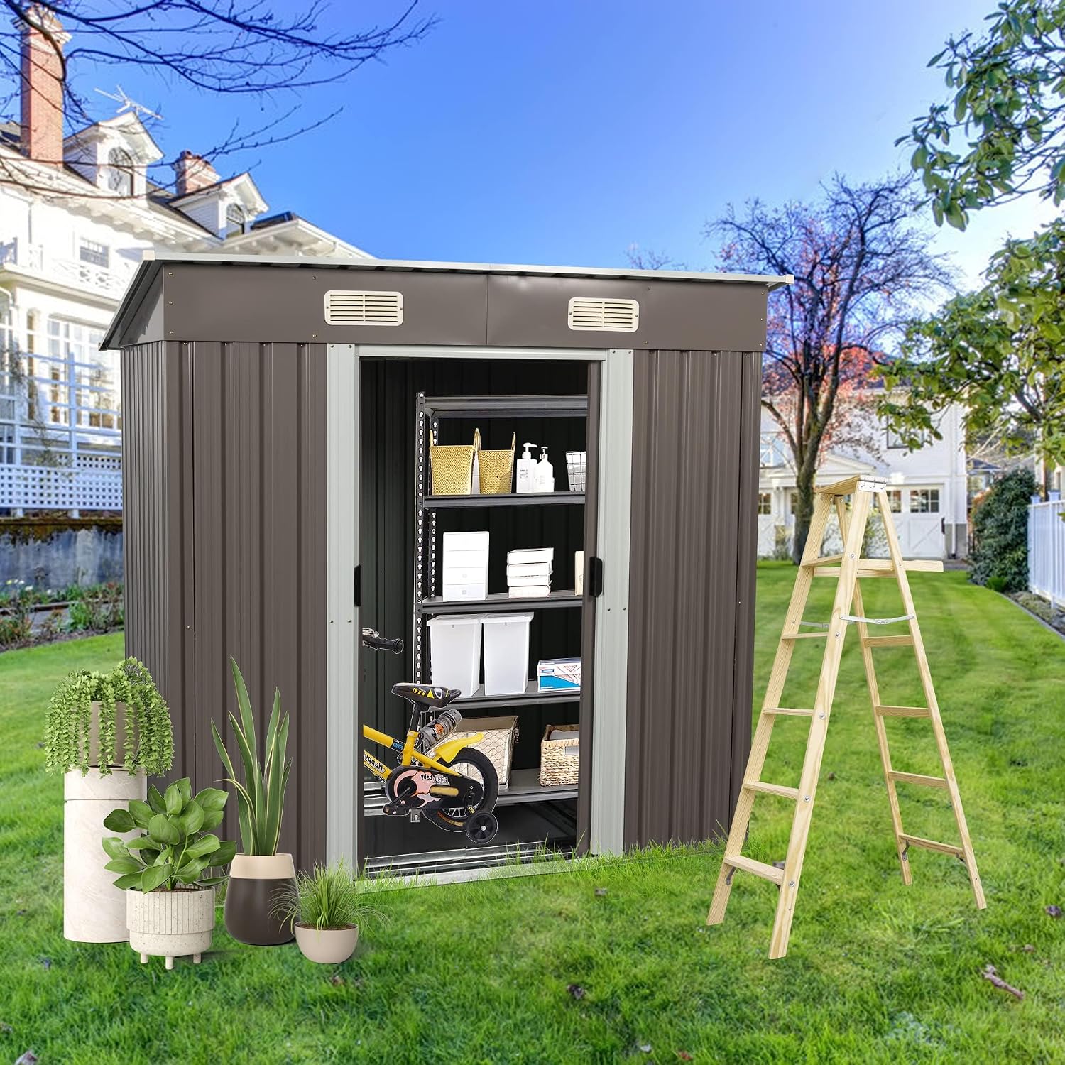 6X4 FT Outdoor Storage Shed, Waterproof Metal Garden Sheds with Lockable Door, Steel Tool Storage Buildings Shed & Outdoor Storage House for Garden, Backyard, Patio, Lawn, Trash Cans(Gray)
