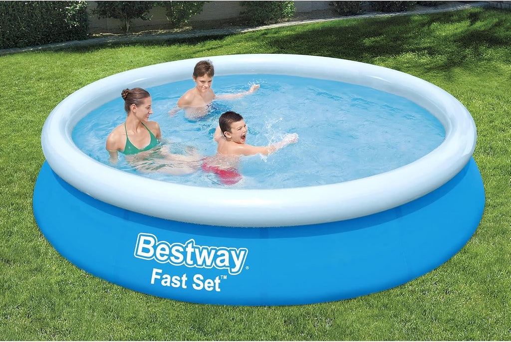 Bestway Fast Set 12 Foot x 30 Inch Round Inflatable Ring Above Ground Swimming Pool Set Easy Setup Backyard Outdoor Family Pool with Filter Pump