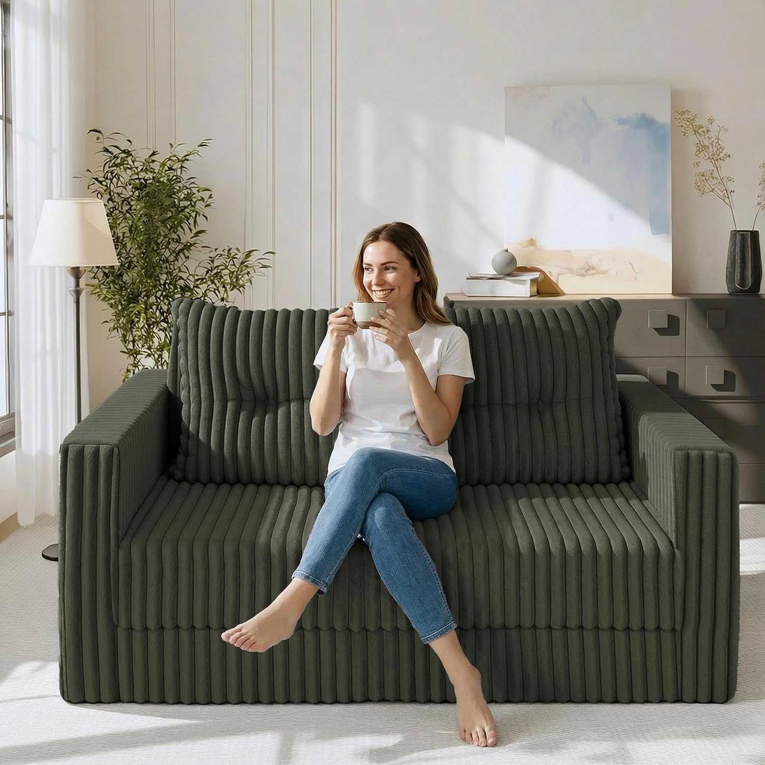 HABUTWAY Folding Sofa Bed, 2 in 1 Convertible Sleeper Chair with Pillow, Portable Fold Out Chair Bed with Armrest, Comfy Floor Couch, Lazy Sofa for Living Room Bedroom Dorm Home Office, Green