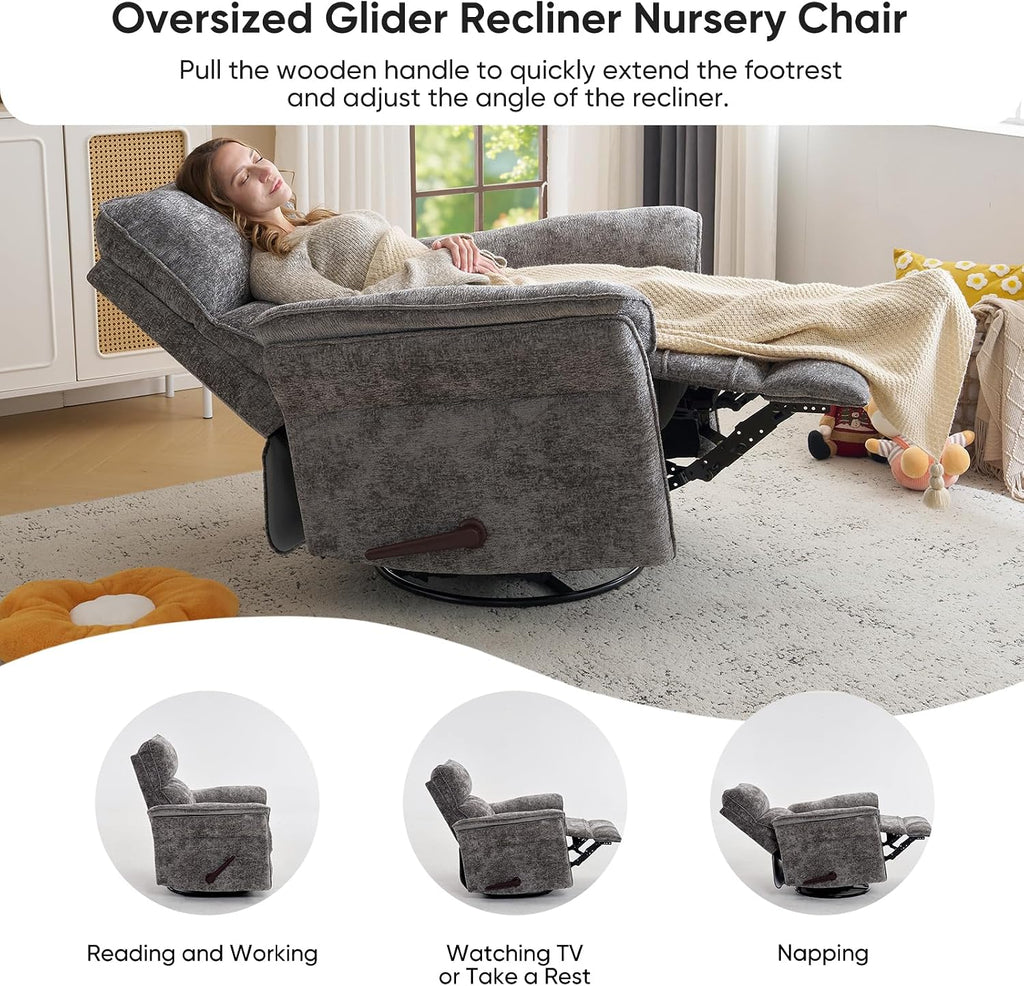 Rocking Chair Nursery with Adjustable Headrest,Manual Swivel Rocker Recliner Nursery Chair with Overstuffed Armrest,Glider Rocker Recliner for Living Room & Bedroom,Grey