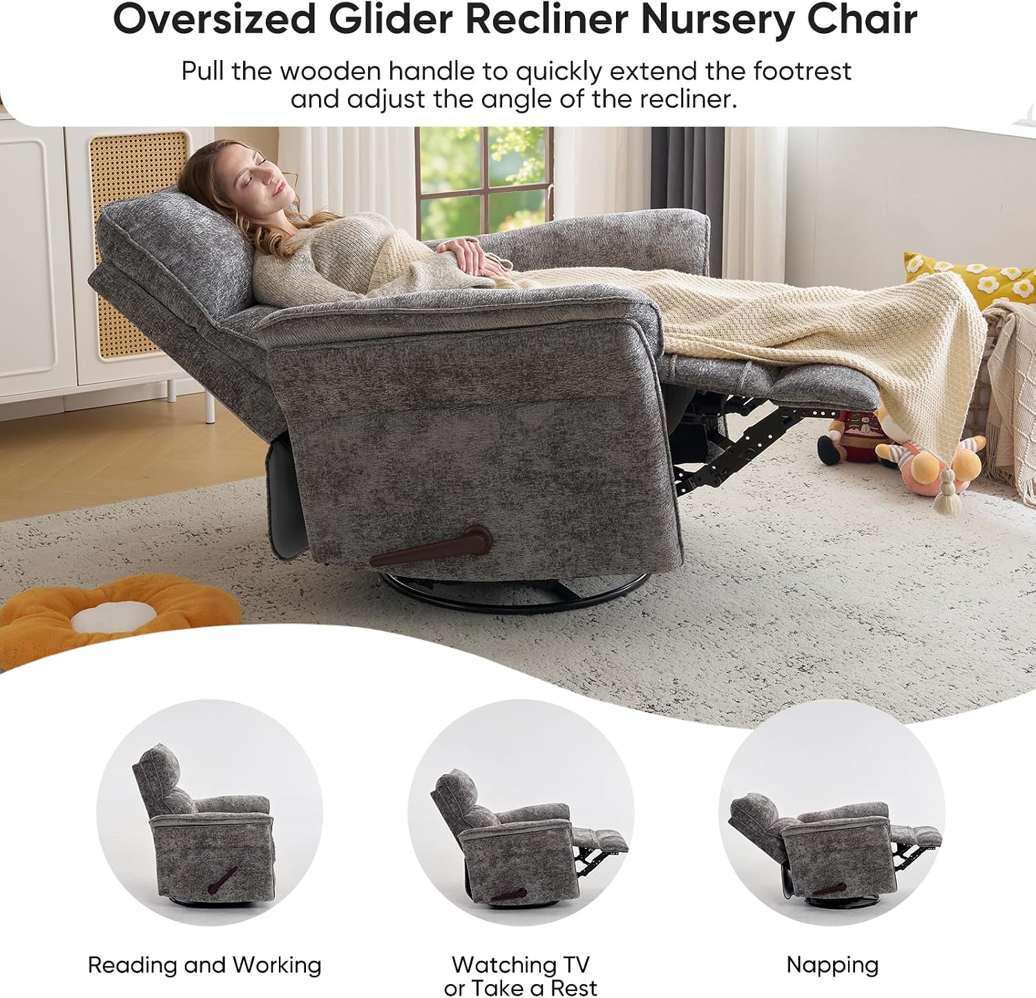 Rocking Chair Nursery with Adjustable Headrest,Manual Swivel Rocker Recliner Nursery Chair with Overstuffed Armrest,Glider Rocker Recliner for Living Room & Bedroom,Grey