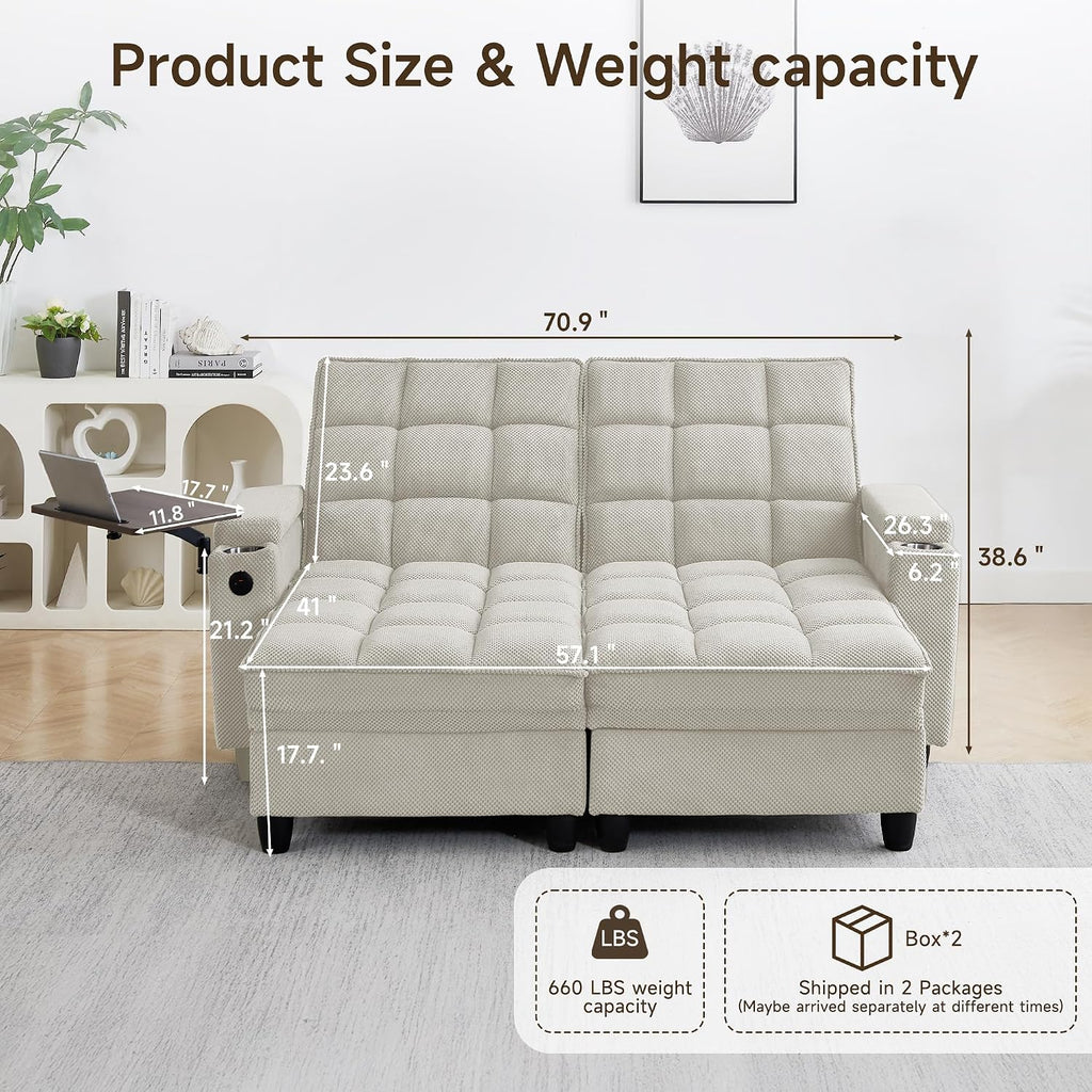 oaaktu 70.9'' Double Chaise Lounge with 360 Degree rotatable Side Table, Comfy Corduroy Indoor Lounge Chair with Armrest Storage, Cup Holder, USB Port, and Pillow for Living Room or Bedroom (Beige)