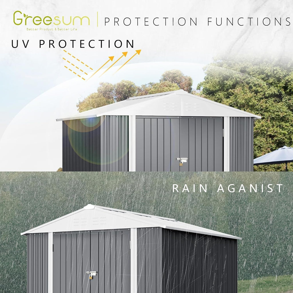 Greesum 8x6FT Outdoor Storage Shed, Utility Tool Shed with Sloping Roof, Metal Storaged Garden Shed with Door & Lock for Patio Storage, Gray