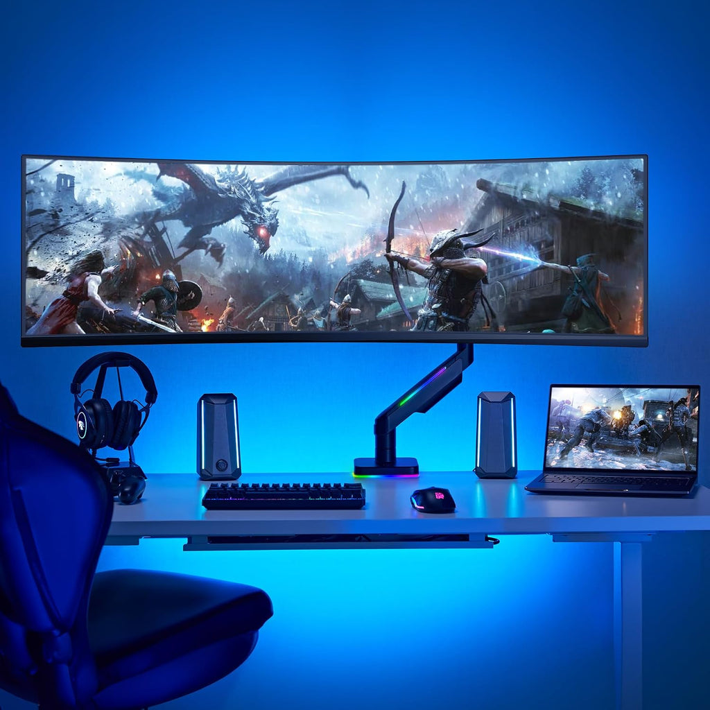 AVLT RGB Lights Single 17'-49' Gaming Monitor Arm Desk Mount, Fits One Flat/Curved/Ultrawide Screen up to 44lbs(20kg), Height Swivel Tilt Adjustable Stand - Black