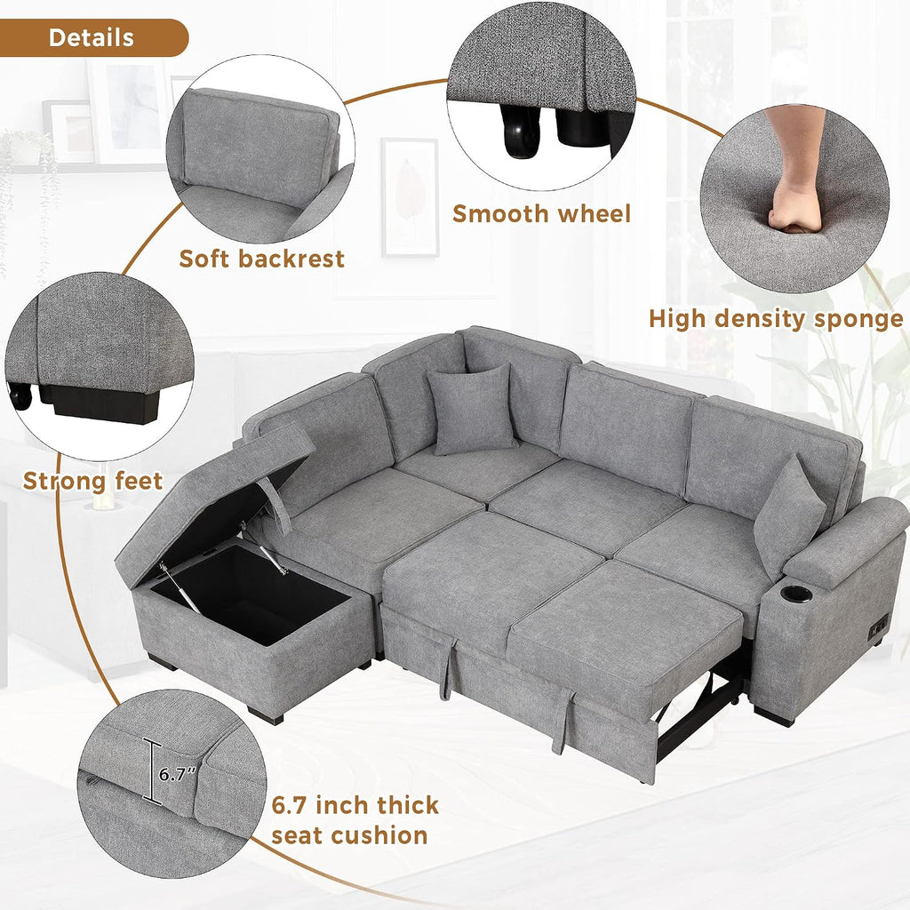 LUMISOL 87' Convertible Sleeper Sofa with Storage Ottoman, Pull Out Sofa Bed with Cup Holders & Charging Stations, L-Shaped Sectional Couch with Chaise for Living Room, Gray