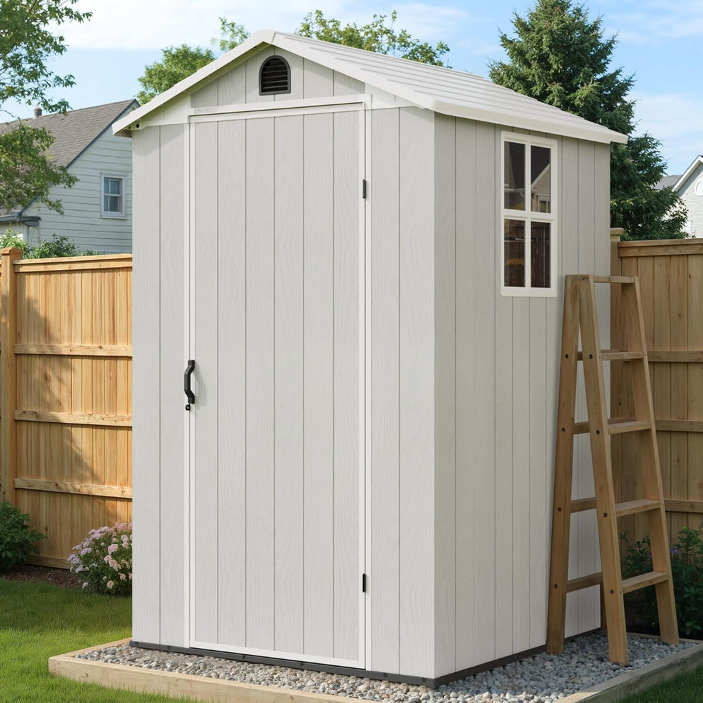 Greesum 4x4FT Plastic Storage Shed with Floor, Resin Outdoor Storaged Sheds with Lockable Door, All Weather Durable Tool Shed with Window and Vent, for Garden, Patio, Backyard, Light Gray