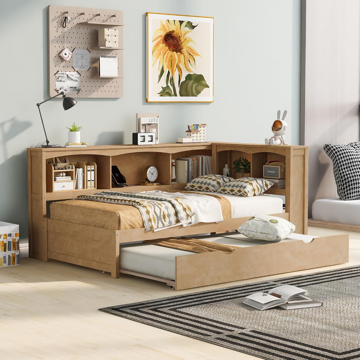 Harper & Bright Designs Twin Size Daybed with Trundle, Storage Bookcases, and USB Ports,Wood Twin Platform Bed with Headboard, Twin Size Sofa Bed Frame for Bedroom Living Room (Wood Color)